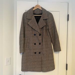 Women’s brown plaid check women’s double breasted peacoat - Small fall coat